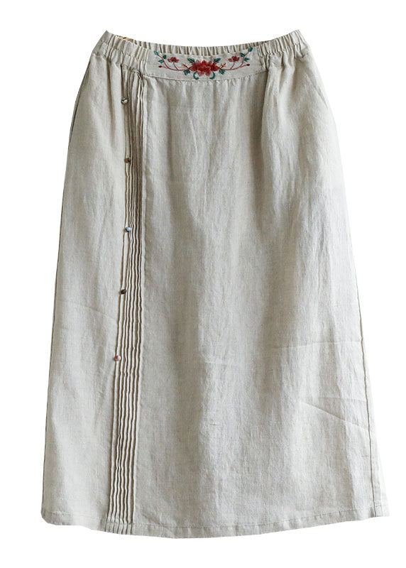 Vintage Beige Embroideried Pockets Patchwork Cotton Skirts Summer