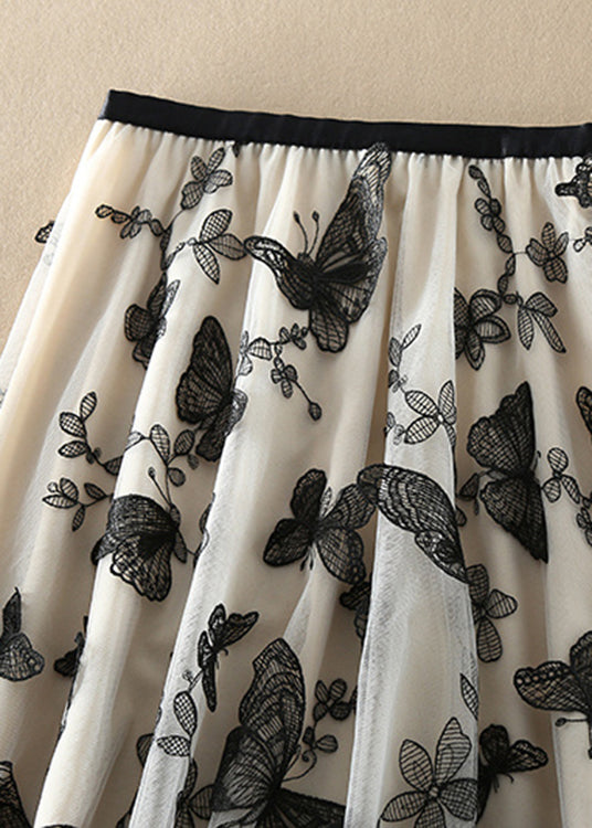 Vintage Beige Embroideried butterfly Tulle Skirts Spring