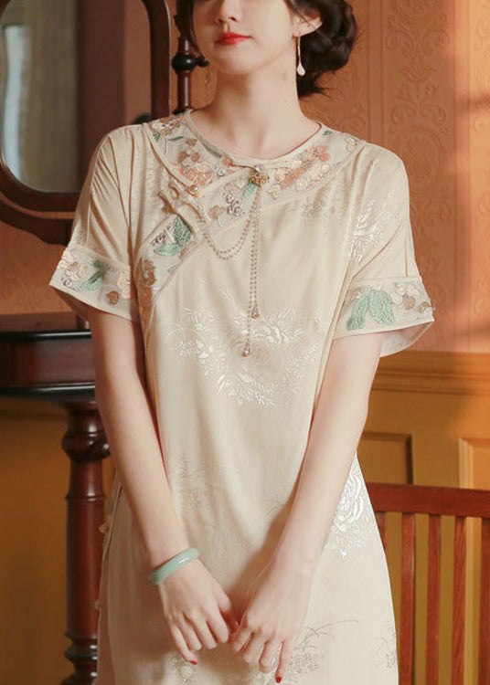 Vintage Beige O-Neck Embroideried Side Open Button Silk Maxi Dresses Short Sleeve
