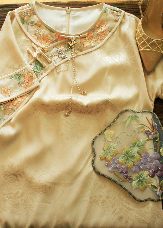 Vintage Beige O-Neck Embroideried Side Open Button Silk Maxi Dresses Short Sleeve