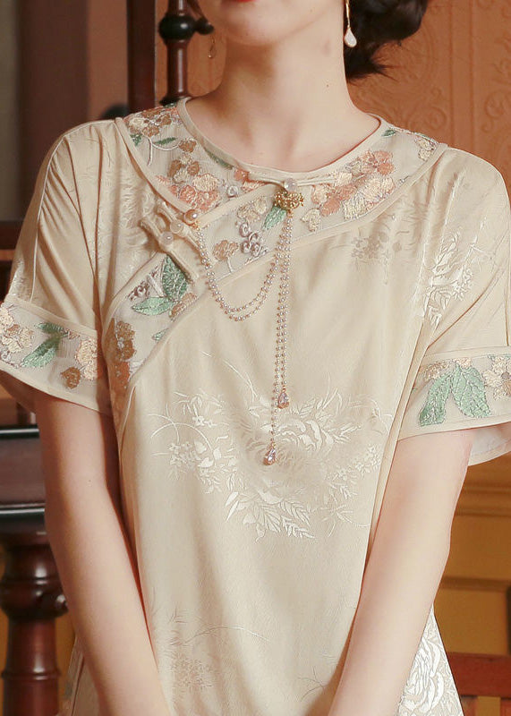 Vintage Beige O-Neck Embroideried Side Open Button Silk Maxi Dresses Short Sleeve