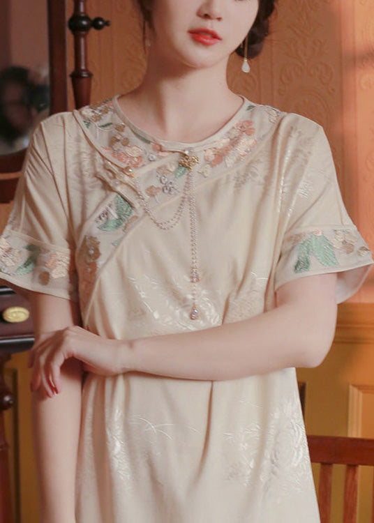 Vintage Beige O-Neck Embroideried Side Open Button Silk Maxi Dresses Short Sleeve