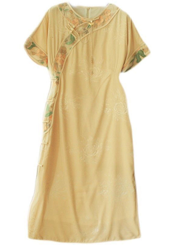 Vintage Beige O-Neck Embroideried Side Open Button Silk Maxi Dresses Short Sleeve