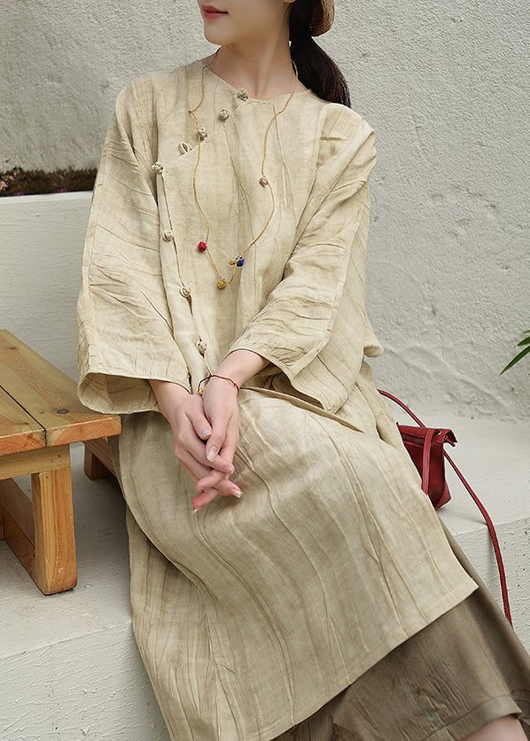 Vintage Beige O Neck Oriental Button Patchwork Cotton Dress Fall - Omychic
