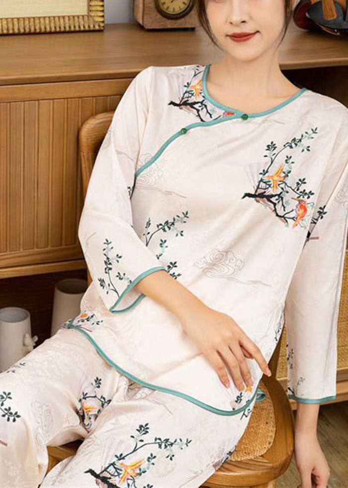Vintage Beige O-Neck Oriental Print Ice Silk Pajamas Two Pieces Set Spring