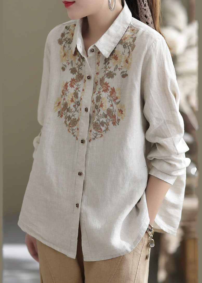 Vintage Beige Peter Pan Collar Embroideried Linen Top Spring