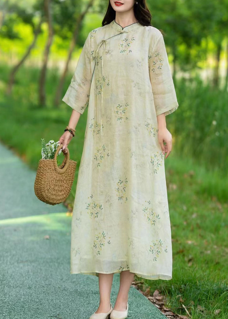 Vintage Beige Stand Collar Print Patchwork Linen Long Dresses Summer