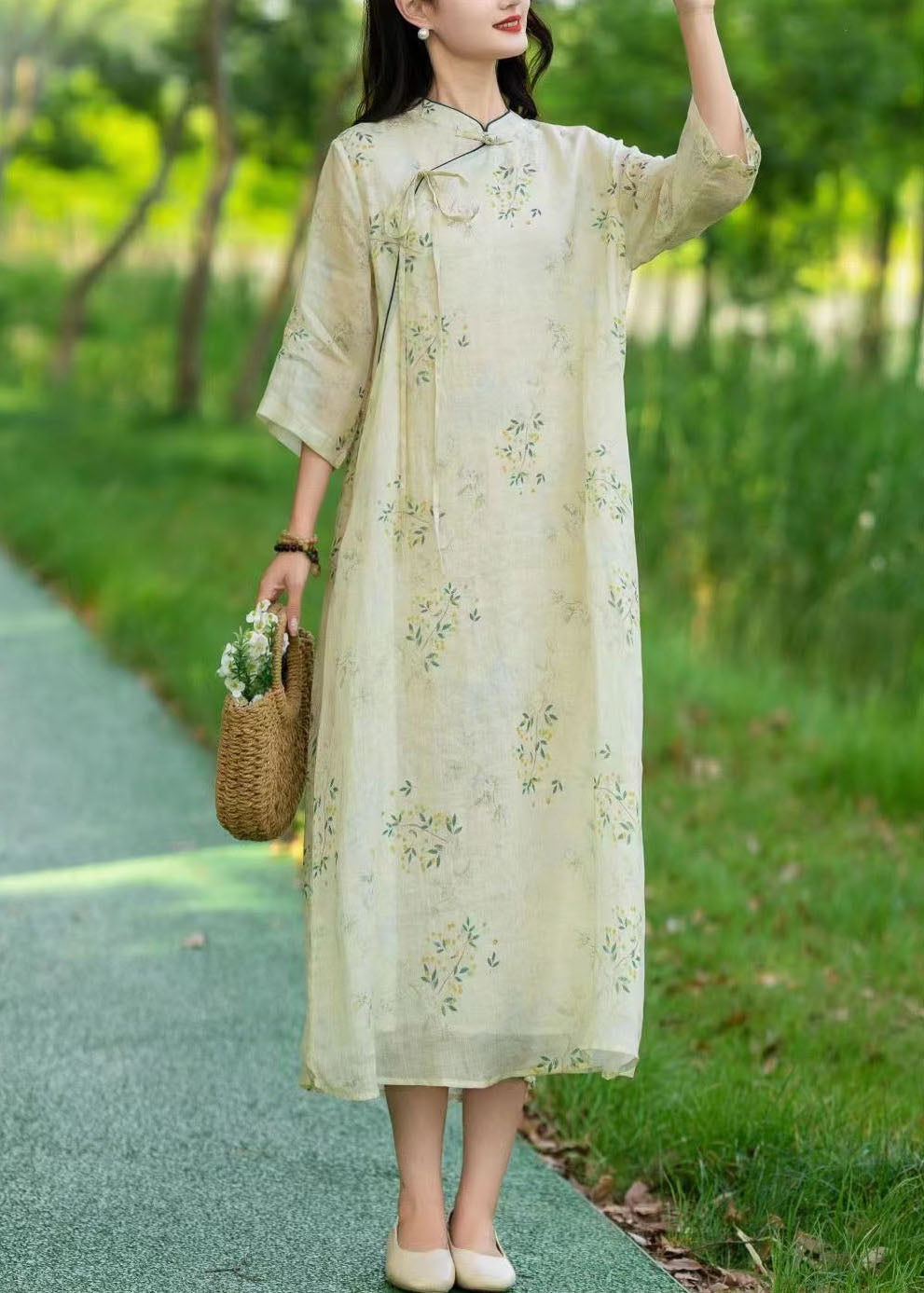 Vintage Beige Stand Collar Print Patchwork Linen Long Dresses Summer
