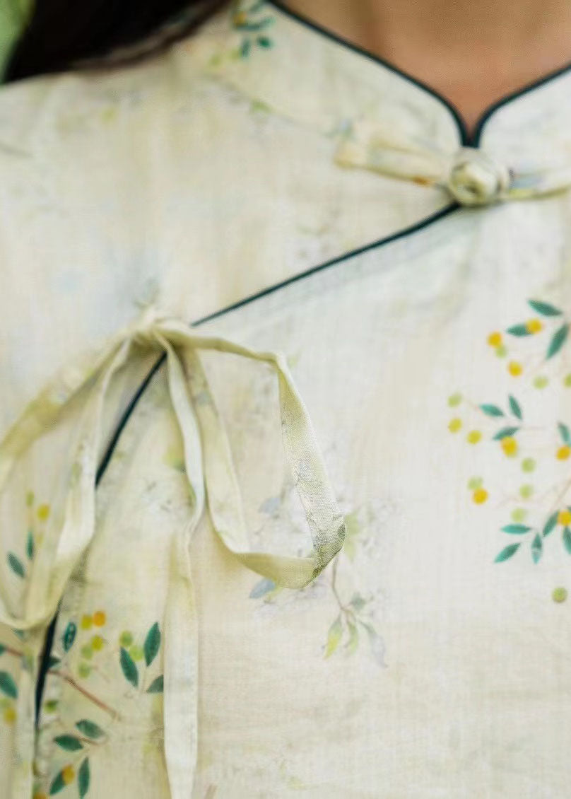 Vintage Beige Stand Collar Print Patchwork Linen Long Dresses Summer