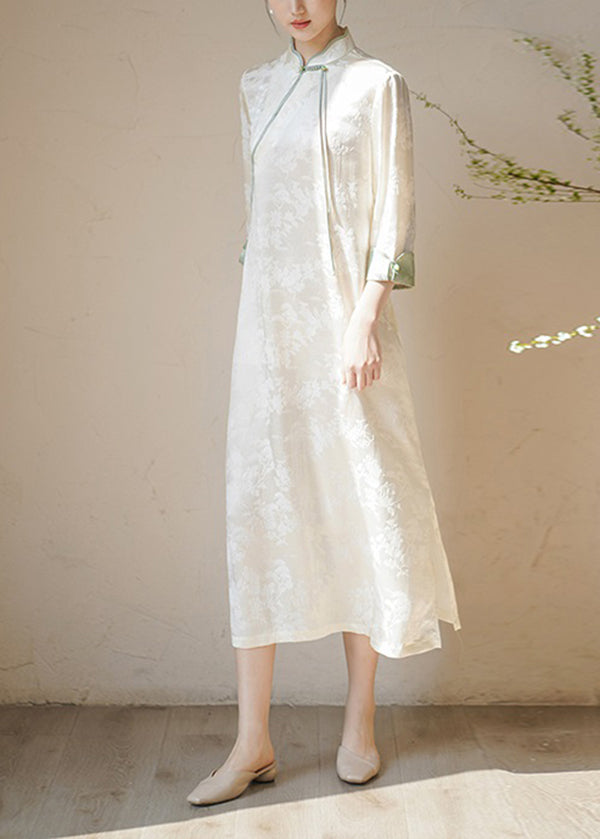 Vintage Beige Stand Collar Tasseled Print Patchwork Silk Dresses Fall
