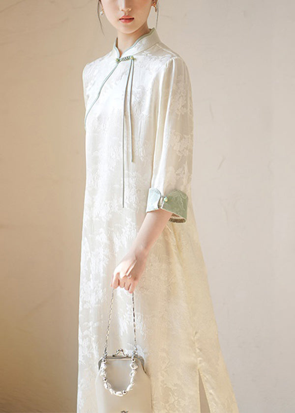 Vintage Beige Stand Collar Tasseled Print Patchwork Silk Dresses Fall