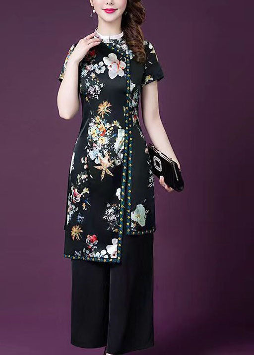 Vintage Black Asymmetrical Design Print Patchwork Silk Sets 2 Pieces Summer