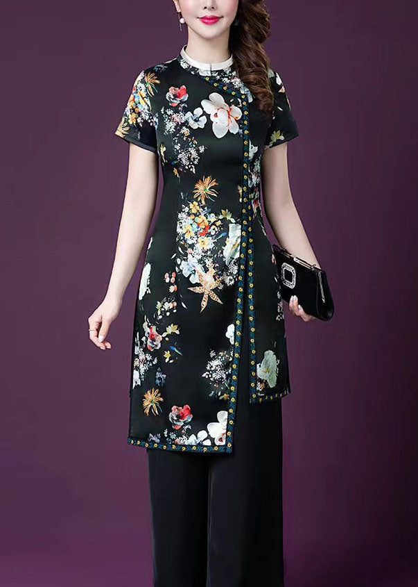 Vintage Black Asymmetrical Design Print Patchwork Silk Sets 2 Pieces Summer