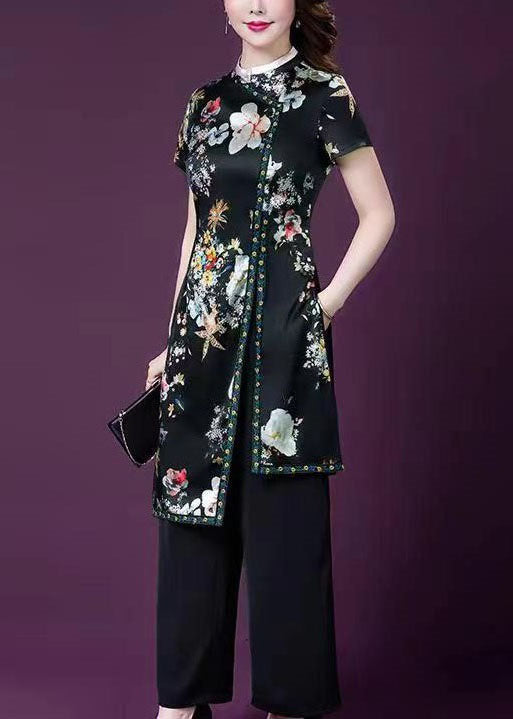 Vintage Black Asymmetrical Design Print Patchwork Silk Sets 2 Pieces Summer