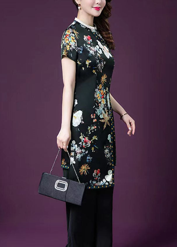 Vintage Black Asymmetrical Design Print Patchwork Silk Sets 2 Pieces Summer