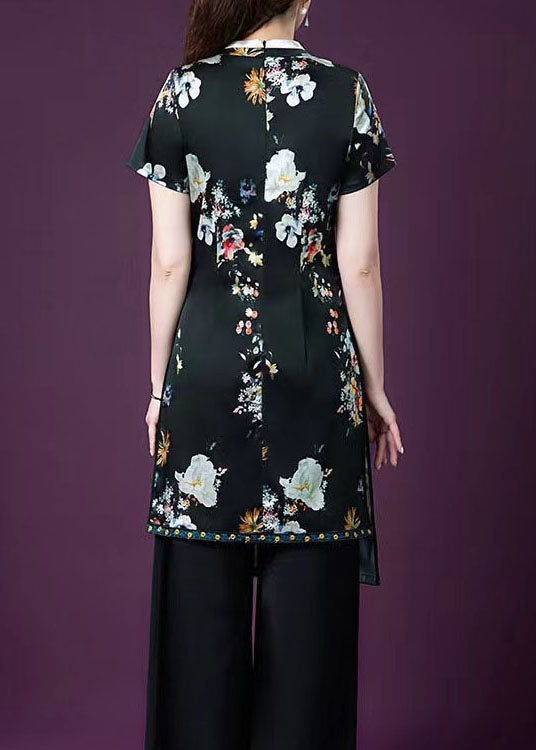 Vintage Black Asymmetrical Design Print Patchwork Silk Sets 2 Pieces Summer