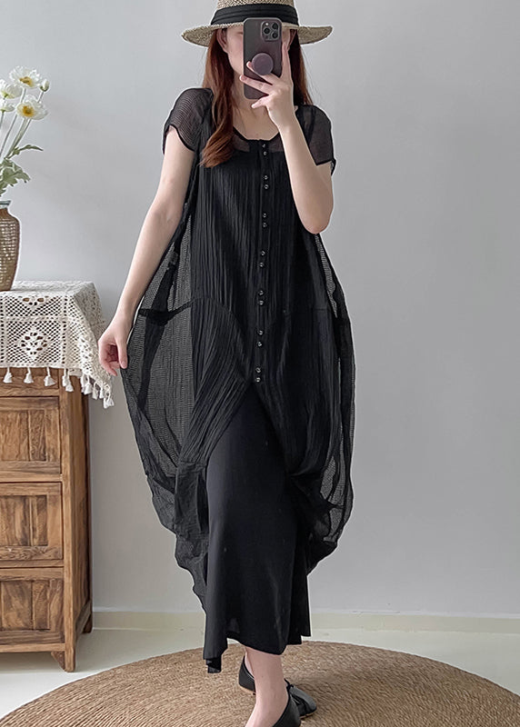 Vintage Black Asymmetrical Wrinkled Silk Dress Two Piece Set Summer