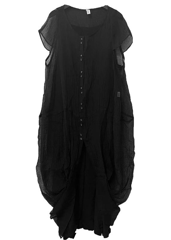 Vintage Black Asymmetrical Wrinkled Silk Dress Two Piece Set Summer