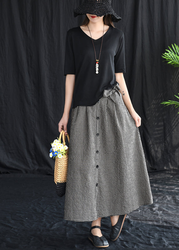 Vintage Black Bow Button Pockets Plaid Linen A Line Skirts Summer