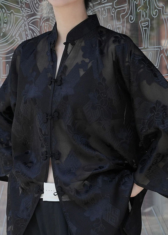 Vintage Black Chinese Button Jacquard Patchwork Silk Shirt Tops Fall
