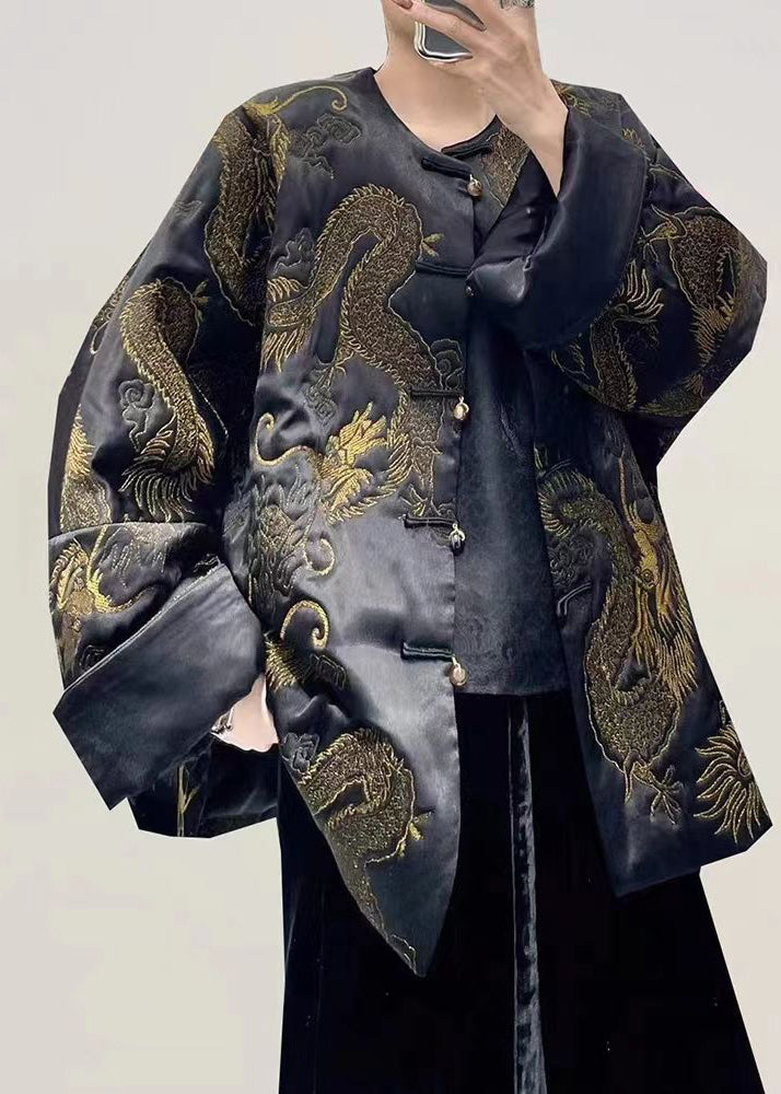 Vintage Black Dragon Embroidered Oversized Chinese Button Silk Coats Fall