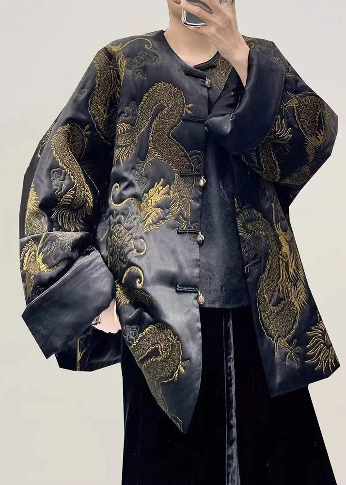 Vintage Black Dragon Embroidered Oversized Chinese Button Silk Coats Fall