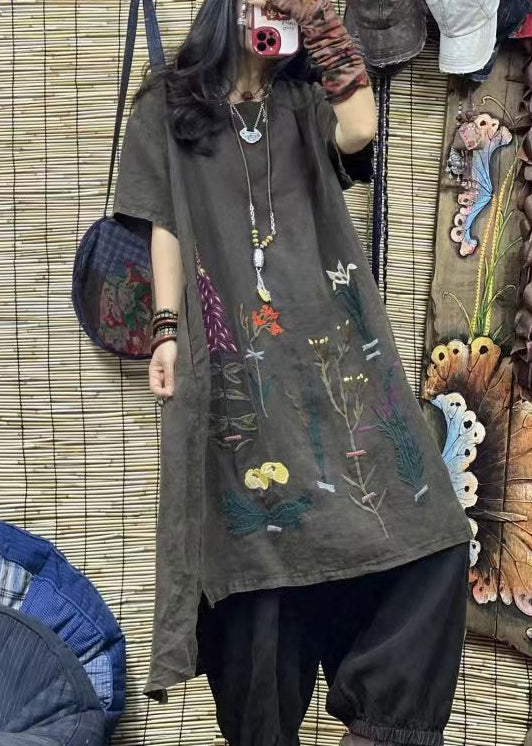 Vintage Black Embroidered Low High Design Cotton Dress Summer