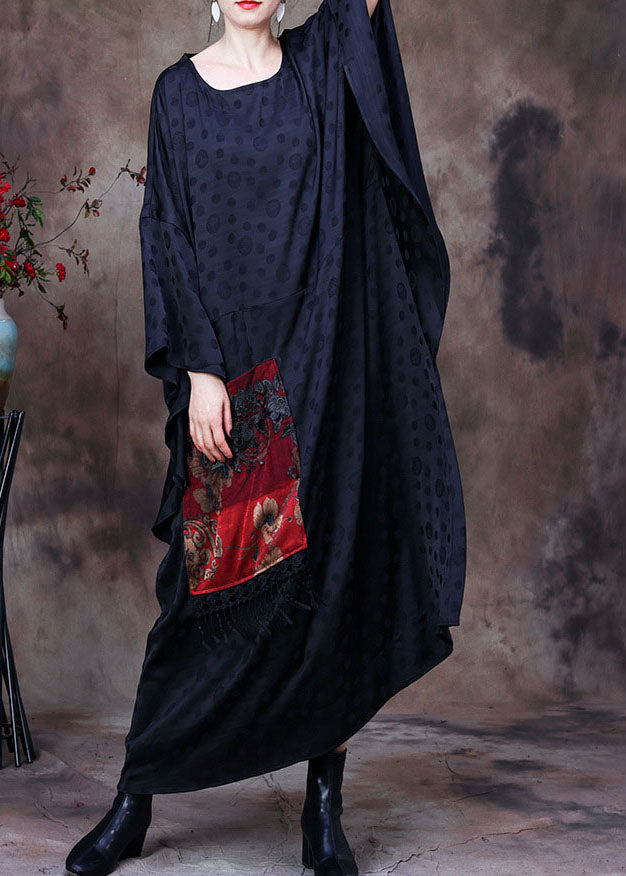 Vintage Black Embroideried Asymmetrical Design Patchwork Big Pocket Silk Long Dress Batwing Sleeve