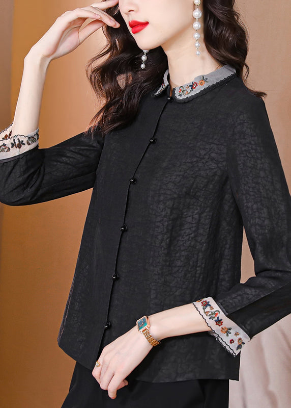 Vintage Black Embroideried Patchwork Silk Top Bracelet Sleeve - Omychic