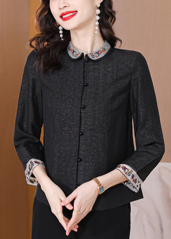 Vintage Black Embroideried Patchwork Silk Top Bracelet Sleeve - Omychic