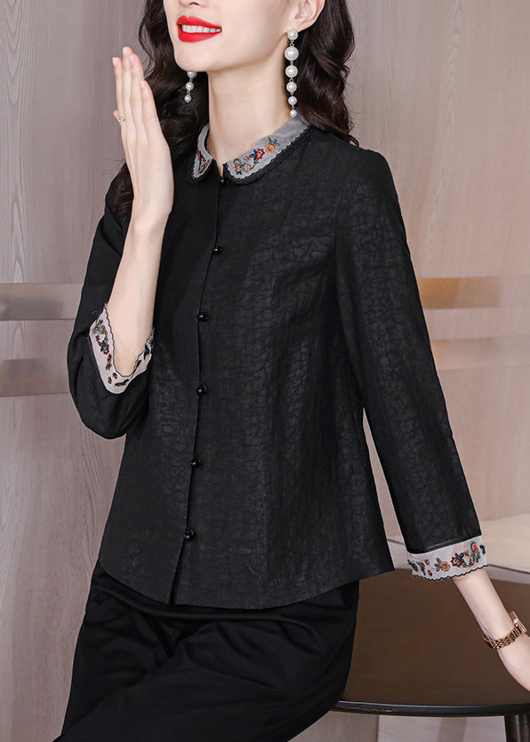 Vintage Black Embroideried Patchwork Silk Top Bracelet Sleeve - Omychic