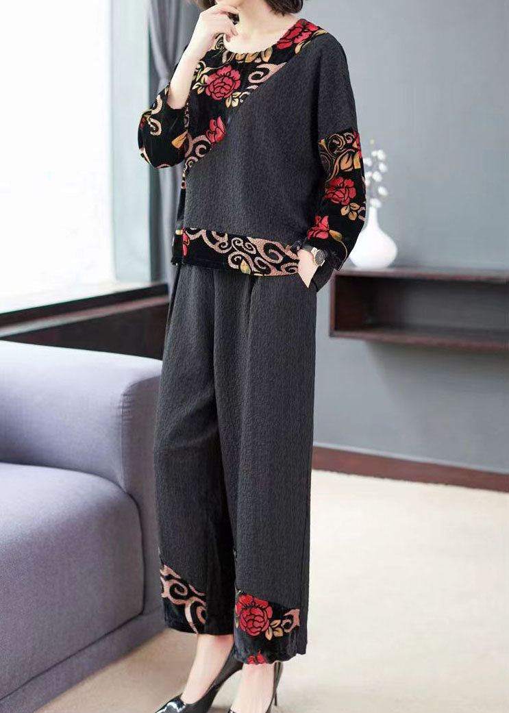 Vintage Black Embroideried Tops And Wide Leg Pants Cotton Two Piece Set Fall