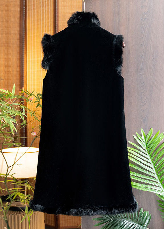 Vintage Black Fur Collar Embroideried Patchwork Silk Velour Waistcoat Sleeveless