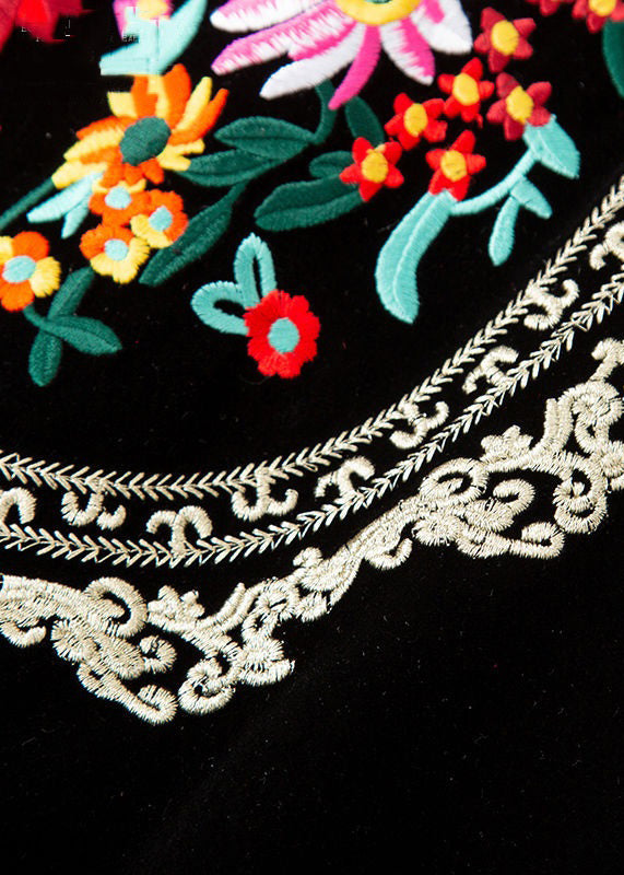 Vintage Black Fur Collar Embroideried Patchwork Silk Velour Waistcoat Sleeveless