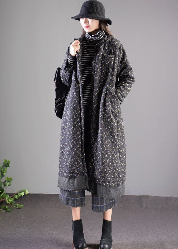 Vintage Black Lace Patchwork Fine Cotton Filled Winter Coats Lengthen