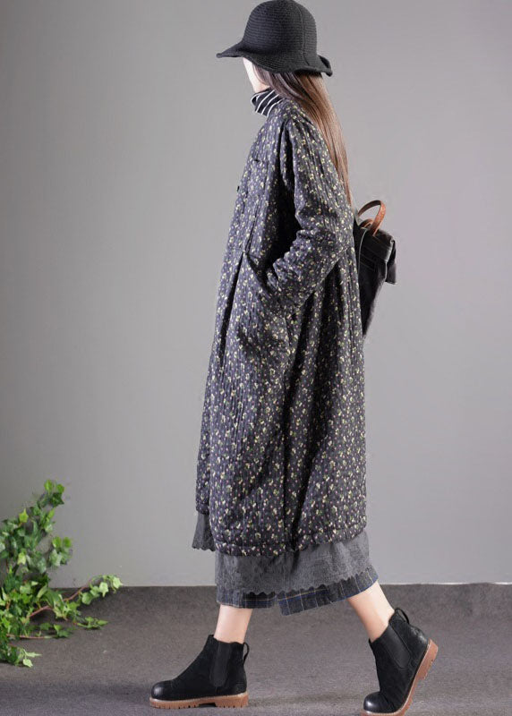 Vintage Black Lace Patchwork Fine Cotton Filled Winter Coats Lengthen