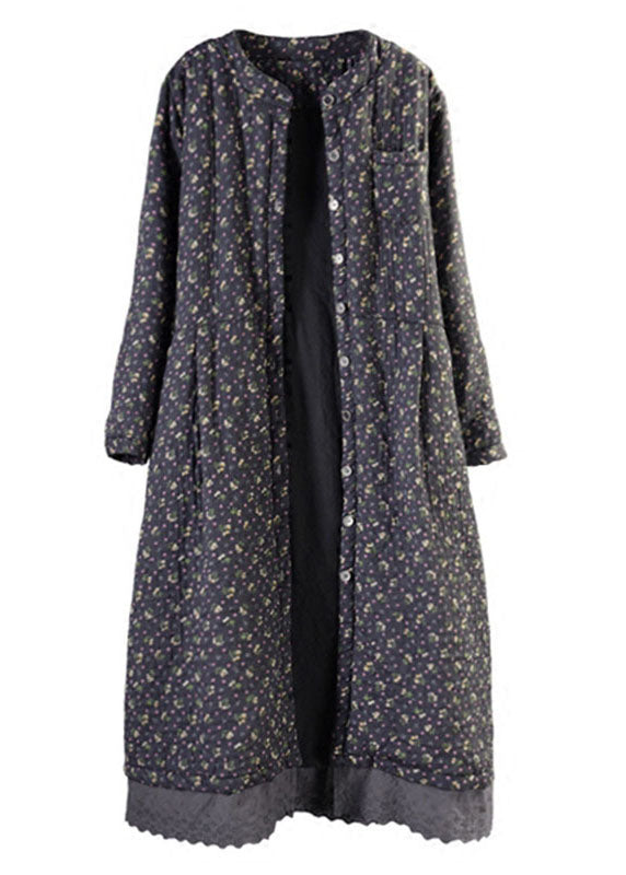 Vintage Black Lace Patchwork Fine Cotton Filled Winter Coats Lengthen