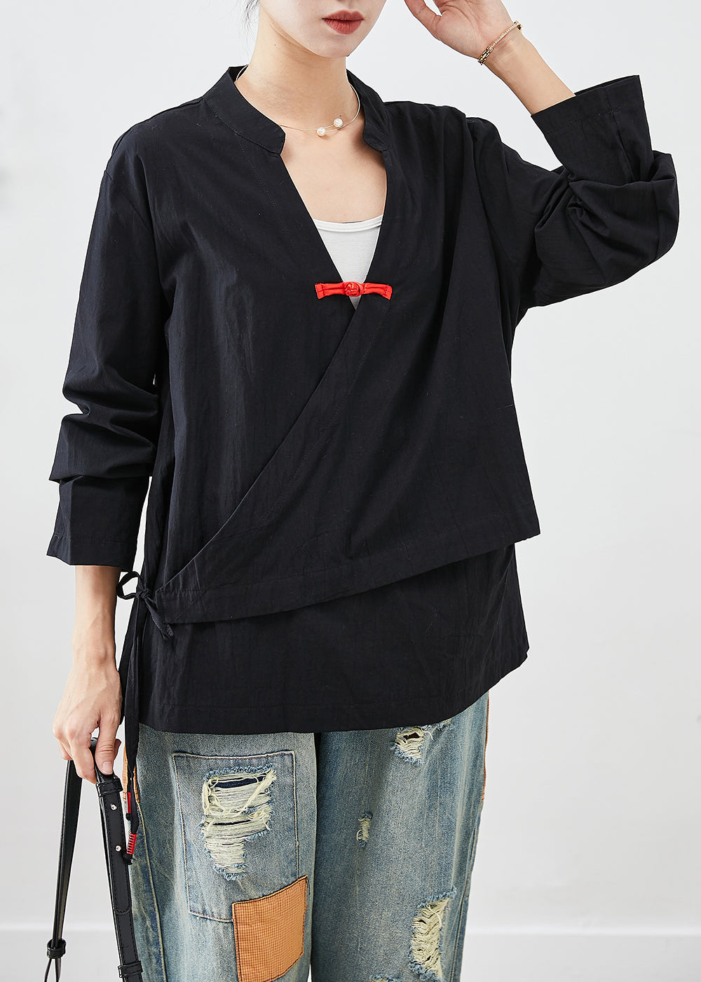 Vintage Black Lace Up Chinese Button Cotton Blouse Top Fall
