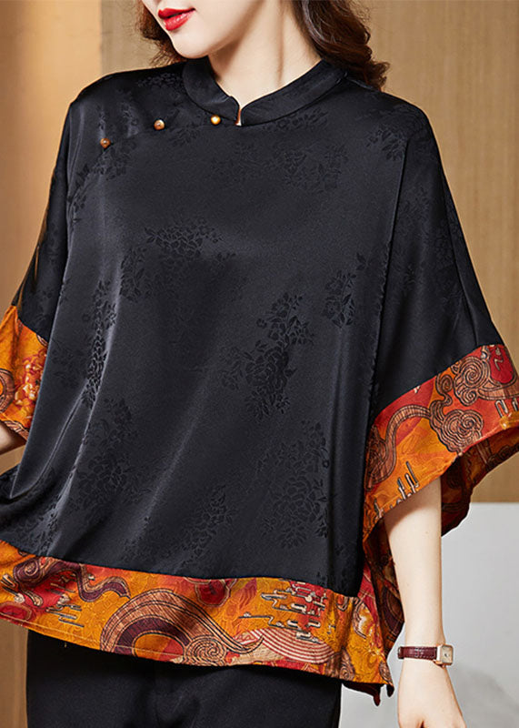Vintage Black Mandarin Collar Asymmetrical Patchwork Jacquard Silk Shirts Batwing Sleeve