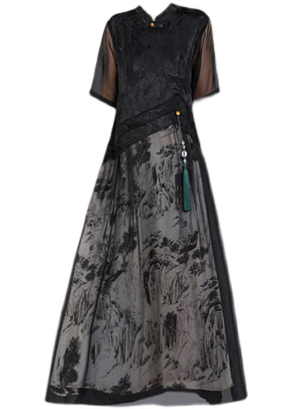 Vintage Black Mandarin Collar Print Tulle Patchwork Silk Long Dresses Short Sleeve