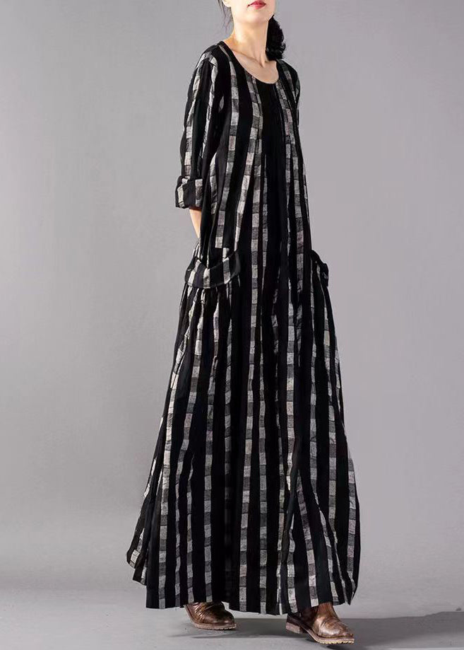 Vintage Black O-Neck Plaid Print Cotton Long Dresses Long Sleeve