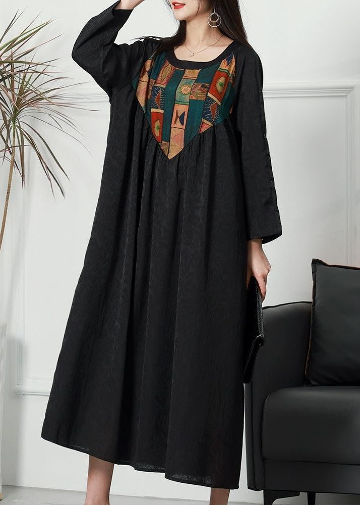 Vintage Black O Neck Print Wrinkled Silk Dresses Spring