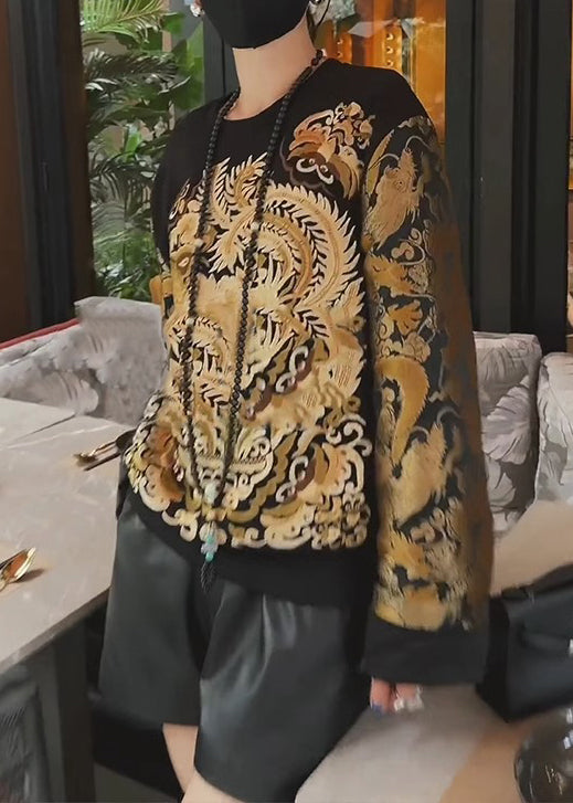 Vintage Black Oriental Embroideried Cotton Sweatshirts Top Fall