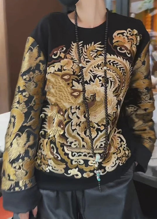 Vintage Black Oriental Embroideried Cotton Sweatshirts Top Fall