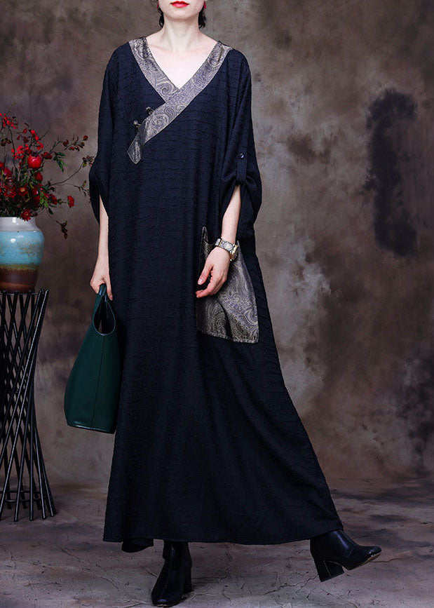 Vintage Black Patchwork Pocket Wrinkled Oriental Button Silk Dress Long Sleeve
