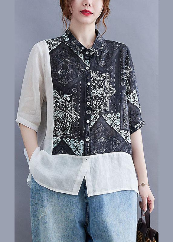 Vintage Black Peter Pan Collar Button Patchwork Print Fall Shirt Half Sleeve - Omychic