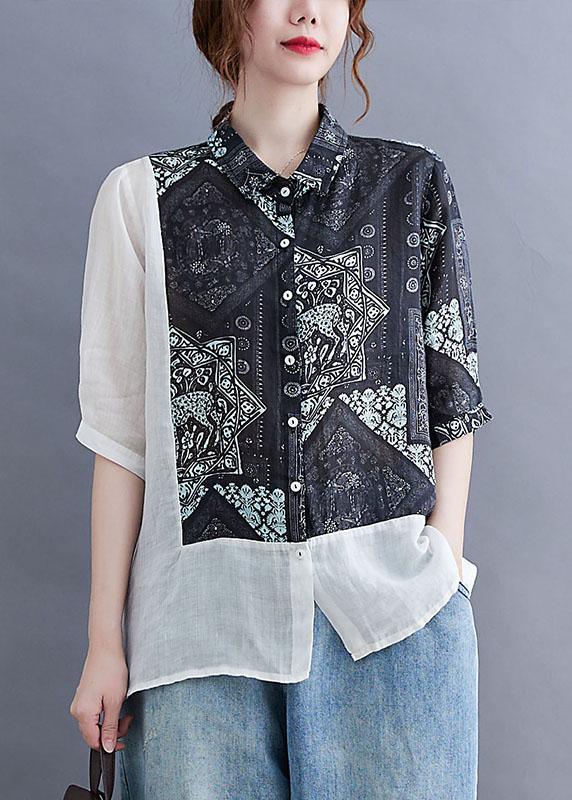 Vintage Black Peter Pan Collar Button Patchwork Print Fall Shirt Half Sleeve - Omychic