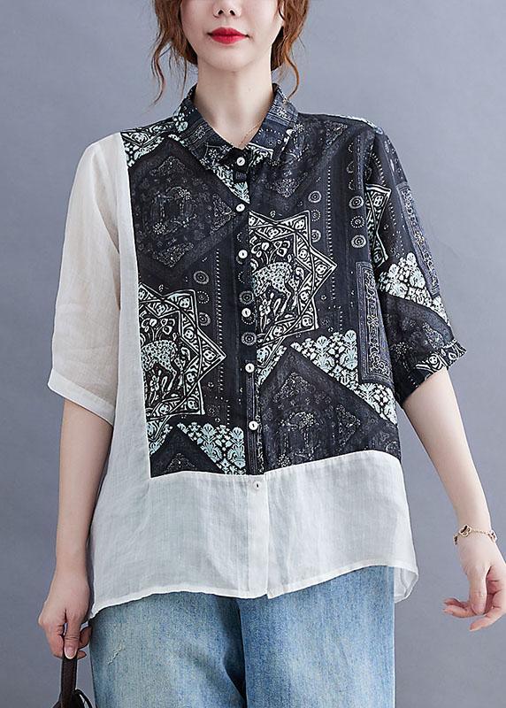 Vintage Black Peter Pan Collar Button Patchwork Print Fall Shirt Half Sleeve - Omychic