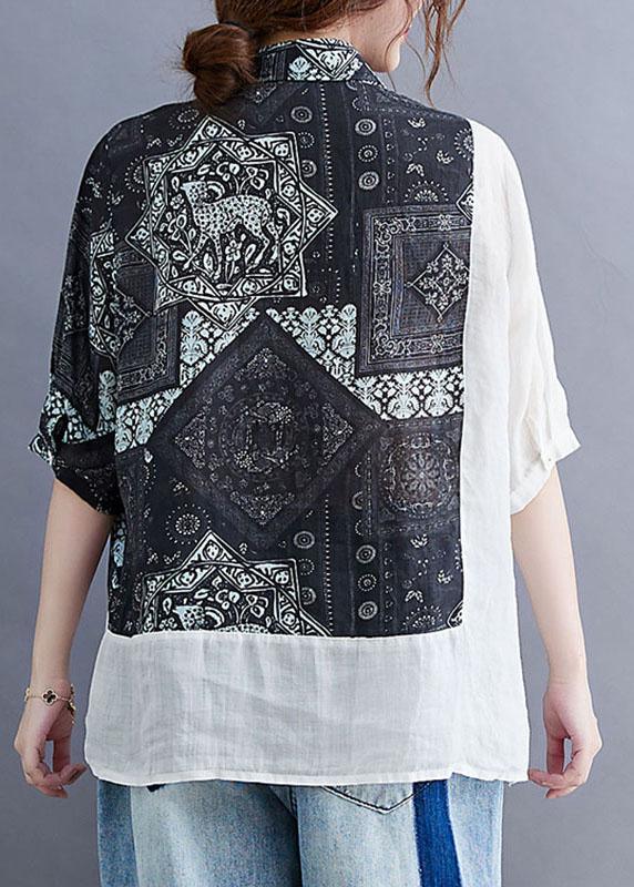 Vintage Black Peter Pan Collar Button Patchwork Print Fall Shirt Half Sleeve - Omychic