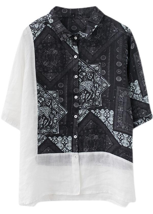 Vintage Black Peter Pan Collar Button Patchwork Print Fall Shirt Half Sleeve - Omychic